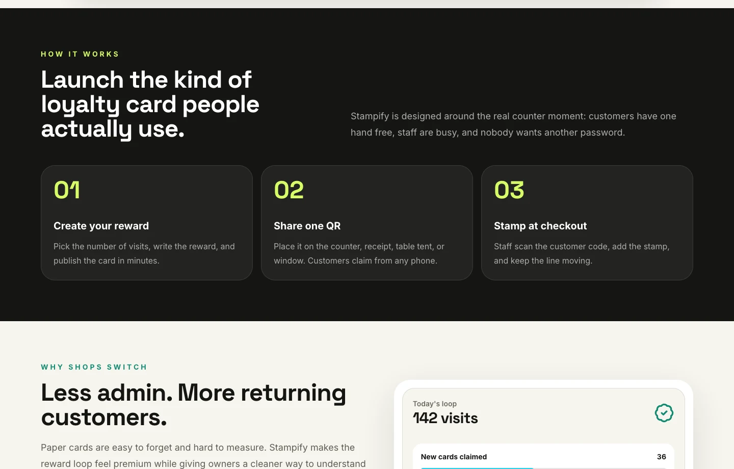 The three-step Stampify workflow for creating, sharing and stamping a loyalty card